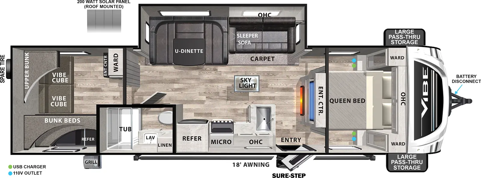 The Vibe West 28QB floorplan has one entry and one slide out. Exterior features include: fiberglass exterior, 18' awning and outside kitchen. Interiors features include: bunk beds, u-dinette and front bedroom.